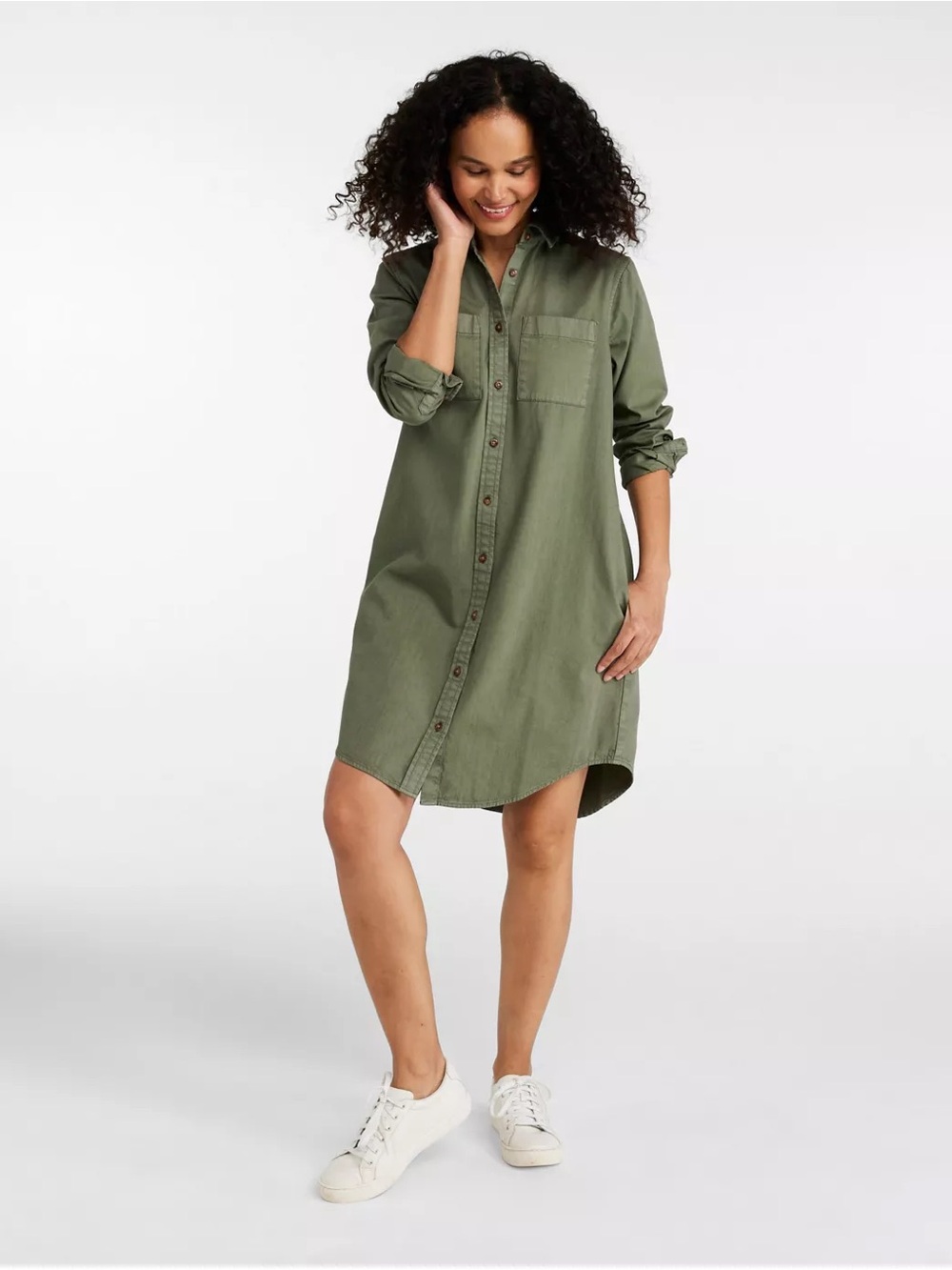 L.L. Bean Heritage Washed Denim Shirt Dress Olive Green
